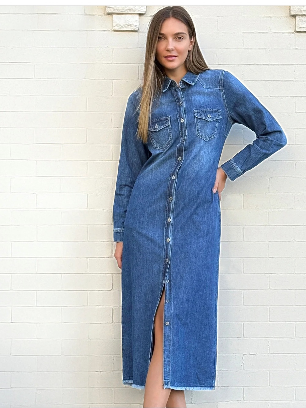 Classic Blue Denim Maxi Shirt Dress